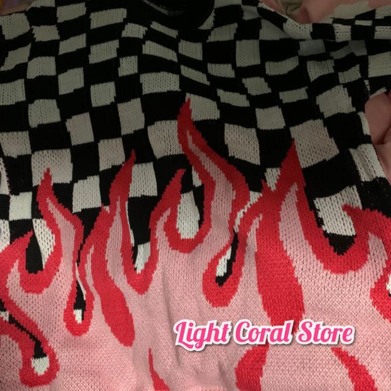 Áo len nữ kiểu phối kẻ caro và lửa hồng cá tính phong cách thời trang hot trend TikTok