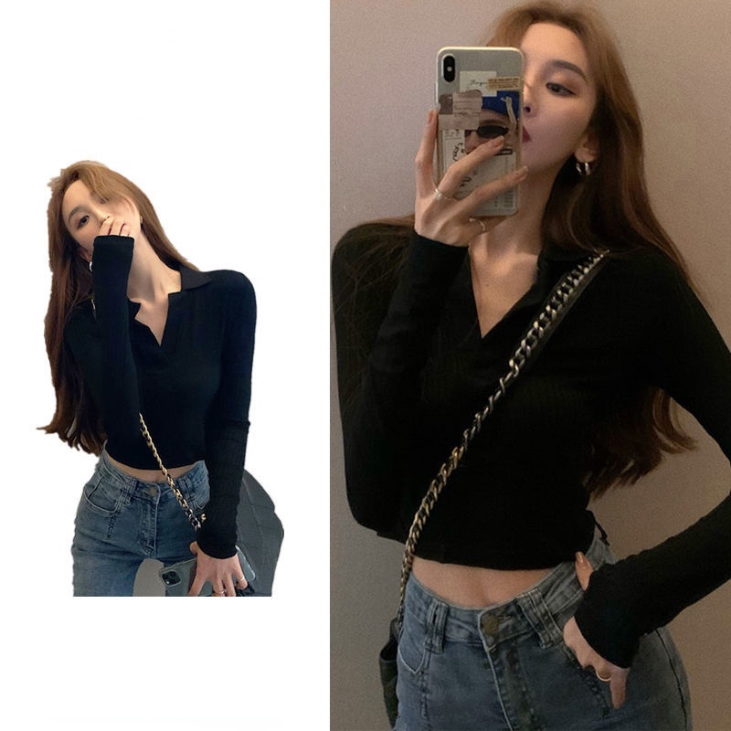 Áo thun tay dài cổ polo phong cách Pháp thiết kế mới dành cho nữ 2021