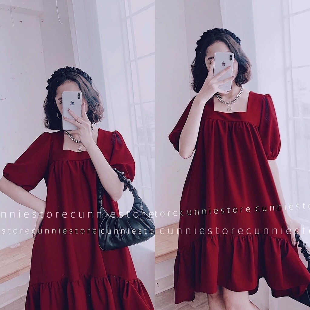 Đầm bầu thiết kế cao cấp đỏ cổ vuông, tay bồng mặc đi làm, đi chơi