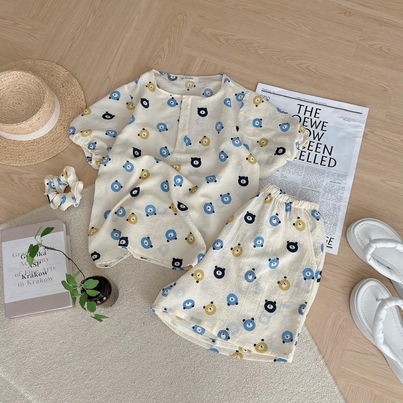 Đồ Bộ Mặc Nhà Pijama Tay Ngắn Quần Đùi Xốp Đũi Hàn Kèm Cột Tóc Xinh Xắn