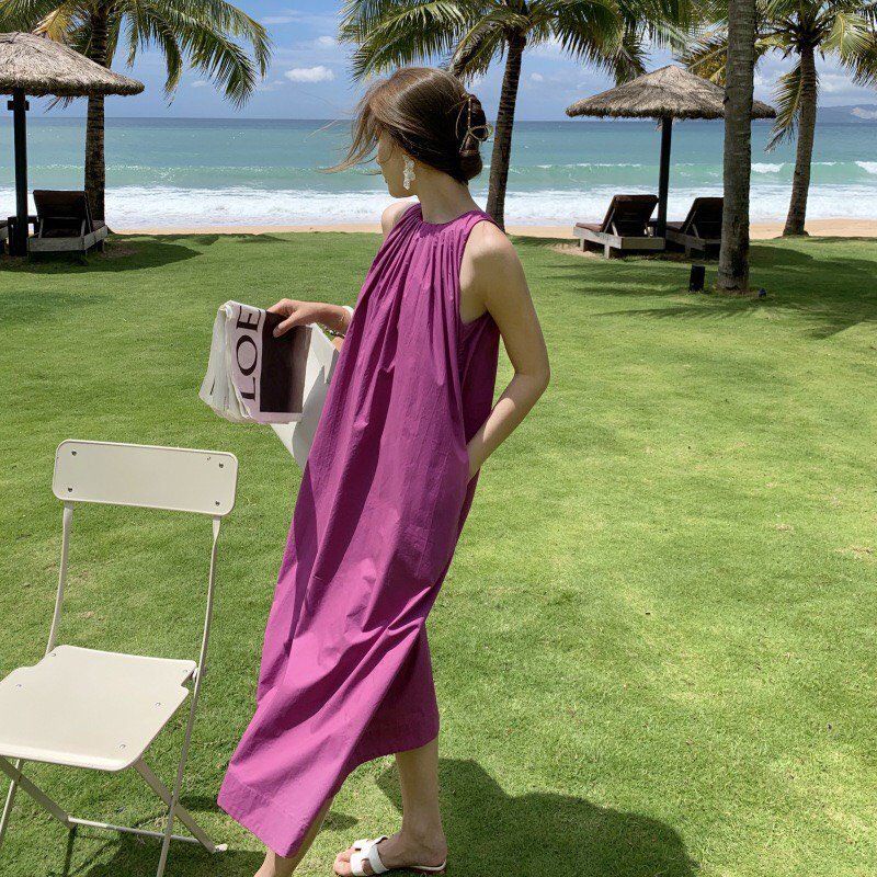 Đầm Maxi Tím Form Rộng Đi Biển ,Váy Yếm Dài Cổ Xếp Ly Dáng Suông ,Kate Mịn ,Size M L XL