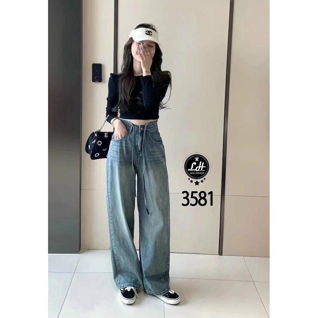 Quần jean nữ ống rộng, quần bò màu xanh lưng có dây nơ điều chỉnh eo siêu dễ thương Lê Huy Fashion MS 3580