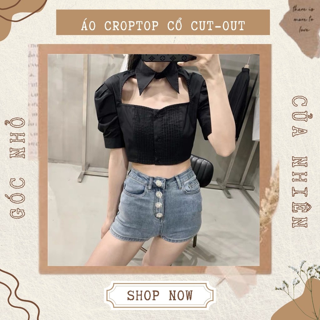 Áo Croptop Cổ Cutout Phối Chun Nhún (ẢNH THẬT+VIDEO)