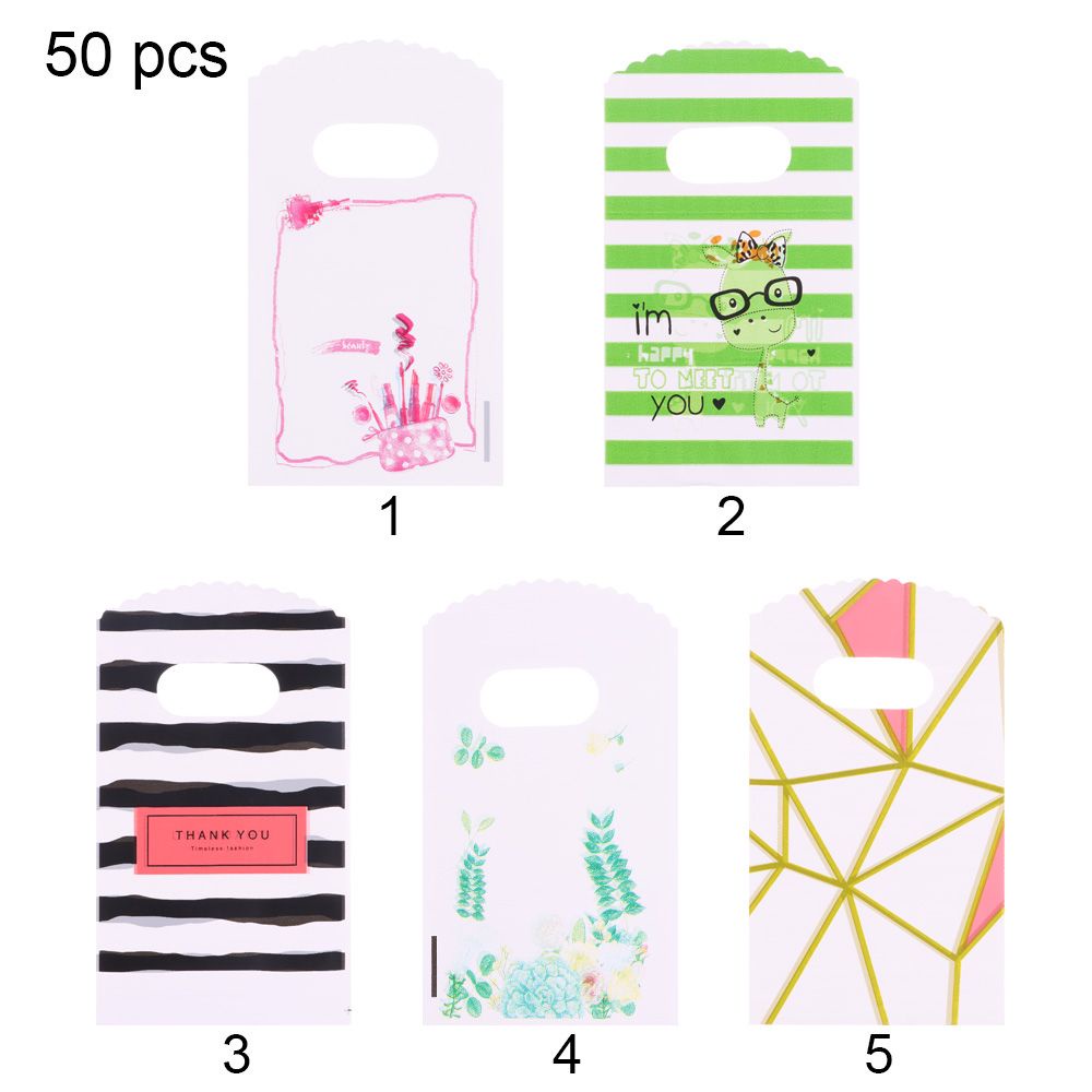 Set 50 Túi Nhựa Mini Có Tay Cầm 9*15CM Họa Tiết Dễ Thương Dùng Để Đựng Quà Tặng