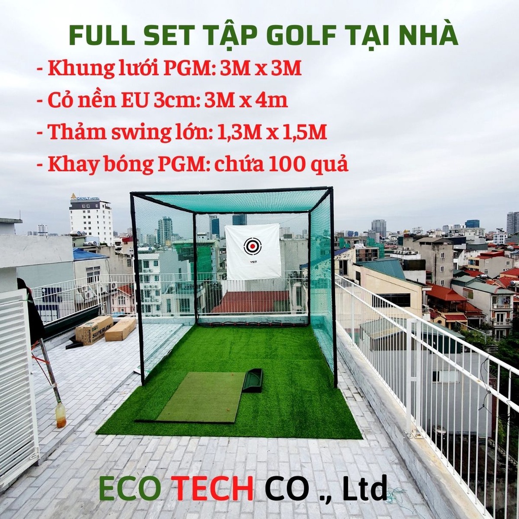 FULL SET Bộ tập Golf tại nhà PGM: Khung lưới+12m2 Cỏ nền+Thảm Swing lớn+Khay bóng