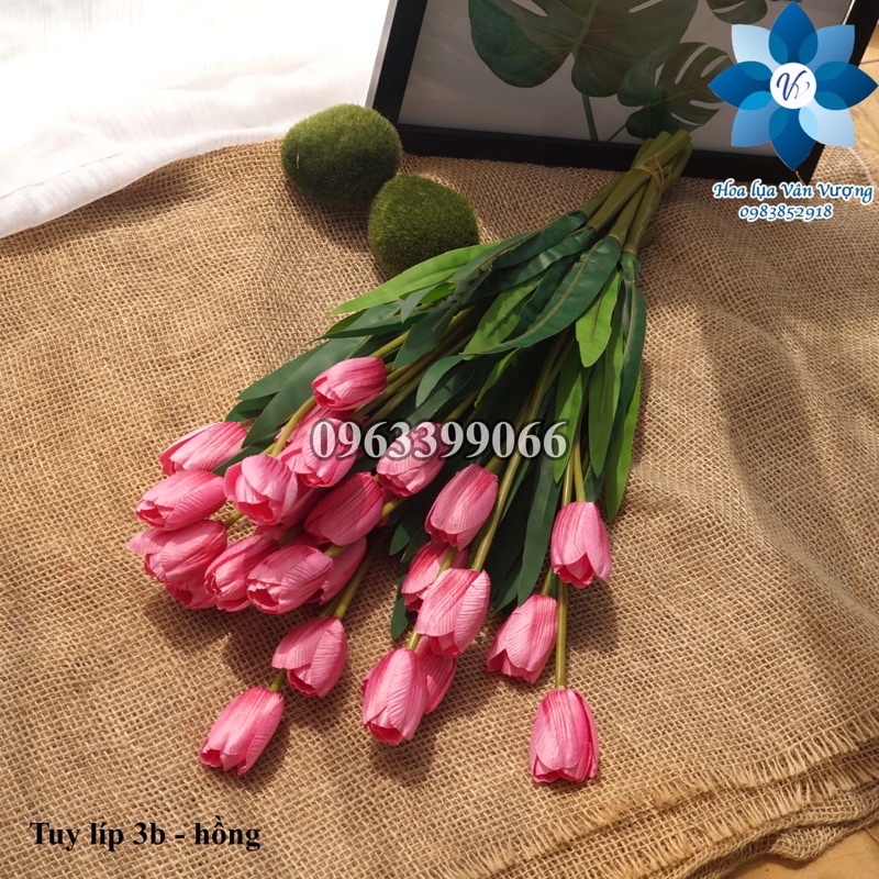 Hoa tulip  giả  cao su như thật _  cành 3 bông trang trí decor