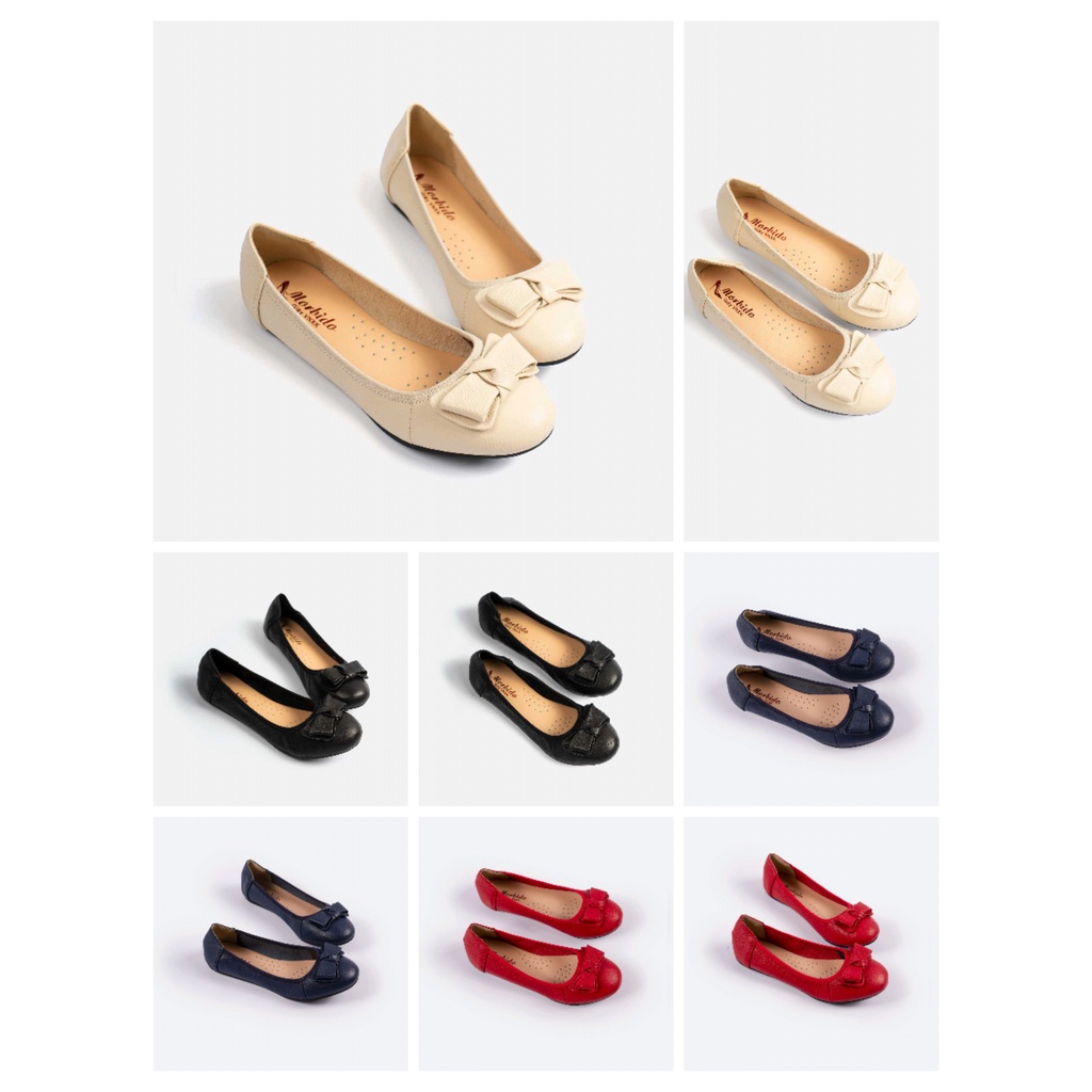 Giày Búp Bê Bệt Da Bò Thật Gắn Nơ 305 - Màu Kem