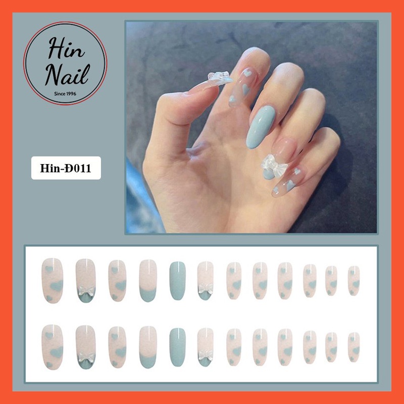 móng tay giả đính đá Hin Nail form dài xanh gắn nơ