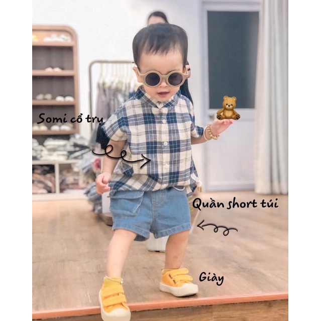 Áo sơ mi cổ tàu kẻ karo cho bé trai