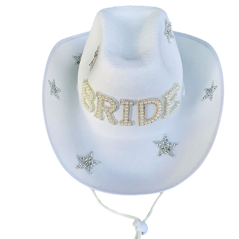 Mũ Cao Bồi Phối Dây Rút Vành Rộng In Chữ BRIDE Stars Phong Cách Cao Bồi Phương Tây Dành Cho Bạn Gái