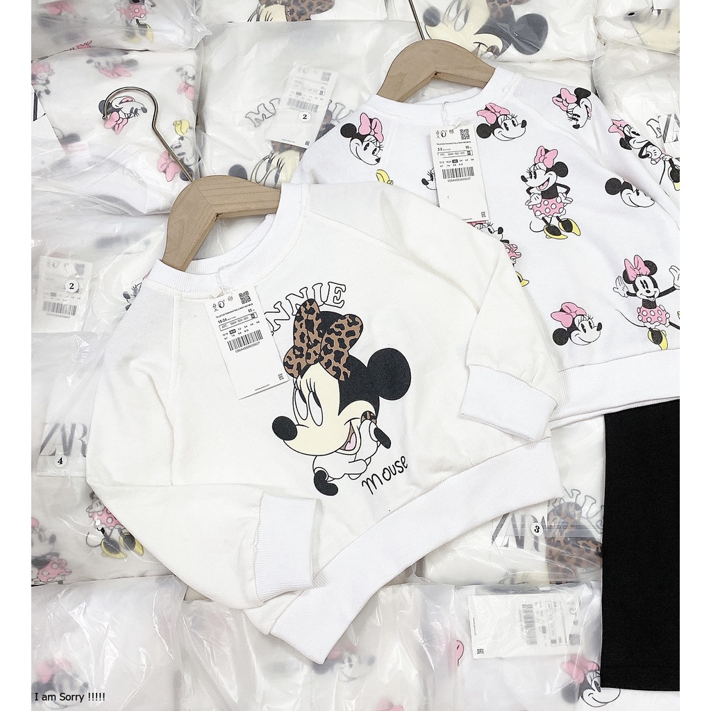 Sét bộ bé gái thu đông Zara, Bộ áo mickey trắng dài tay kèm quần đen cho bé chất cotton 4 chiều size 1y-5y