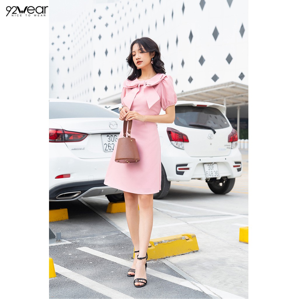 Đầm váy nữ công sở 92WEAR 2 MÀU đủ size dáng xòe ngắn tay cổ nơ DEW0516 | BigBuy360 - bigbuy360.vn