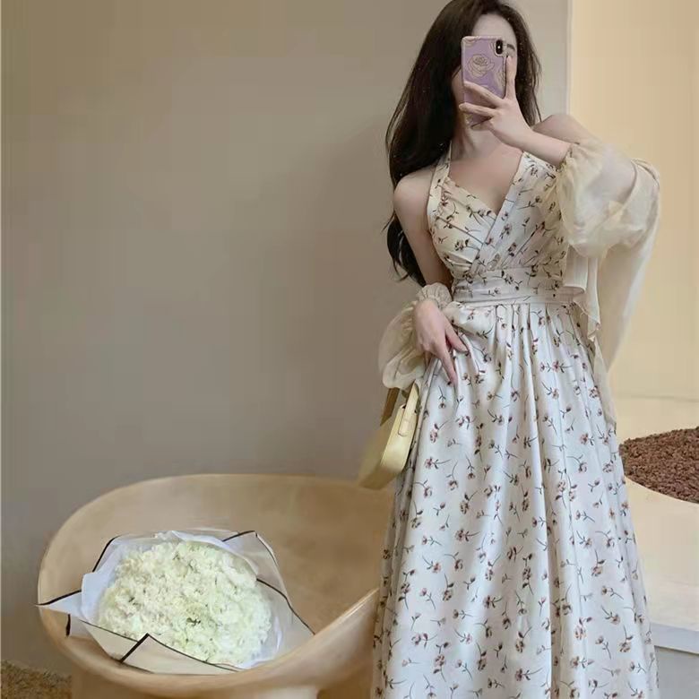 Đầm 2 dây hoa nhí dài bigsize nữ váy đi biển sexy cổ yếm hở lưng cổ chữ V