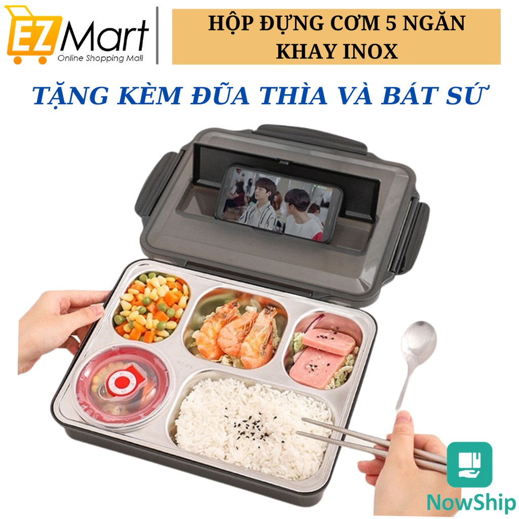 [TẶNG KHĂN LAU] Hộp Đựng Cơm 5 Ngăn Khay Inox Lunch Box Có Nắp Đậy Cao Cấp