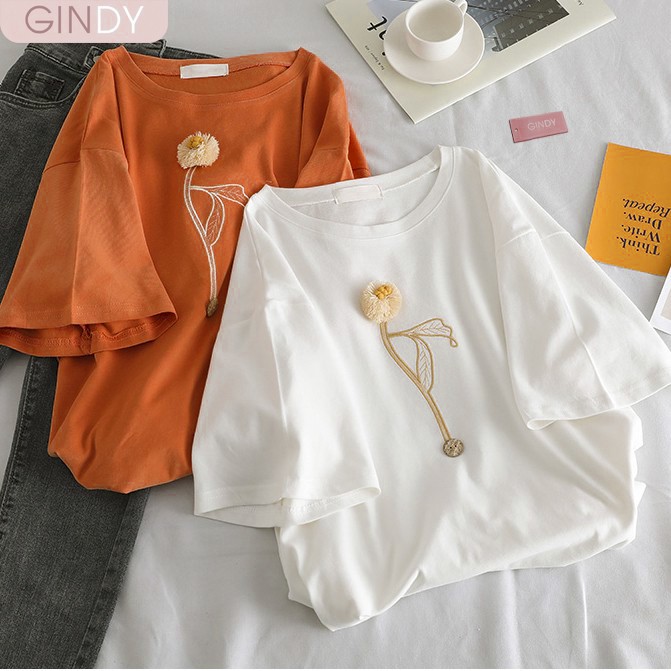 Áo phông unisex nữ cổ tròn GINDY in hình hoa tay lỡ dáng basic chất cotton co giãn, thoáng mát A20029