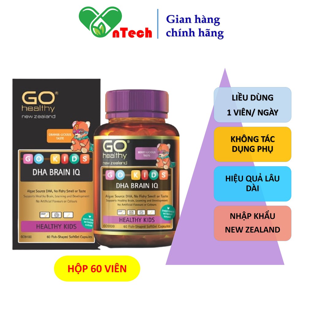 Bổ não Go Healthy DHA BRAIN IQ Tăng cường trí lực thị lực và hệ miễn dịch cho bé nhập khẩu New Zealand hộp 60 viên