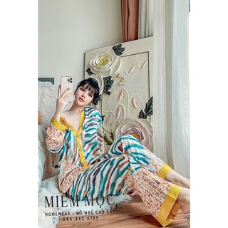 Bộ lụa kimono cổ v họa tiết 01 cao cấp