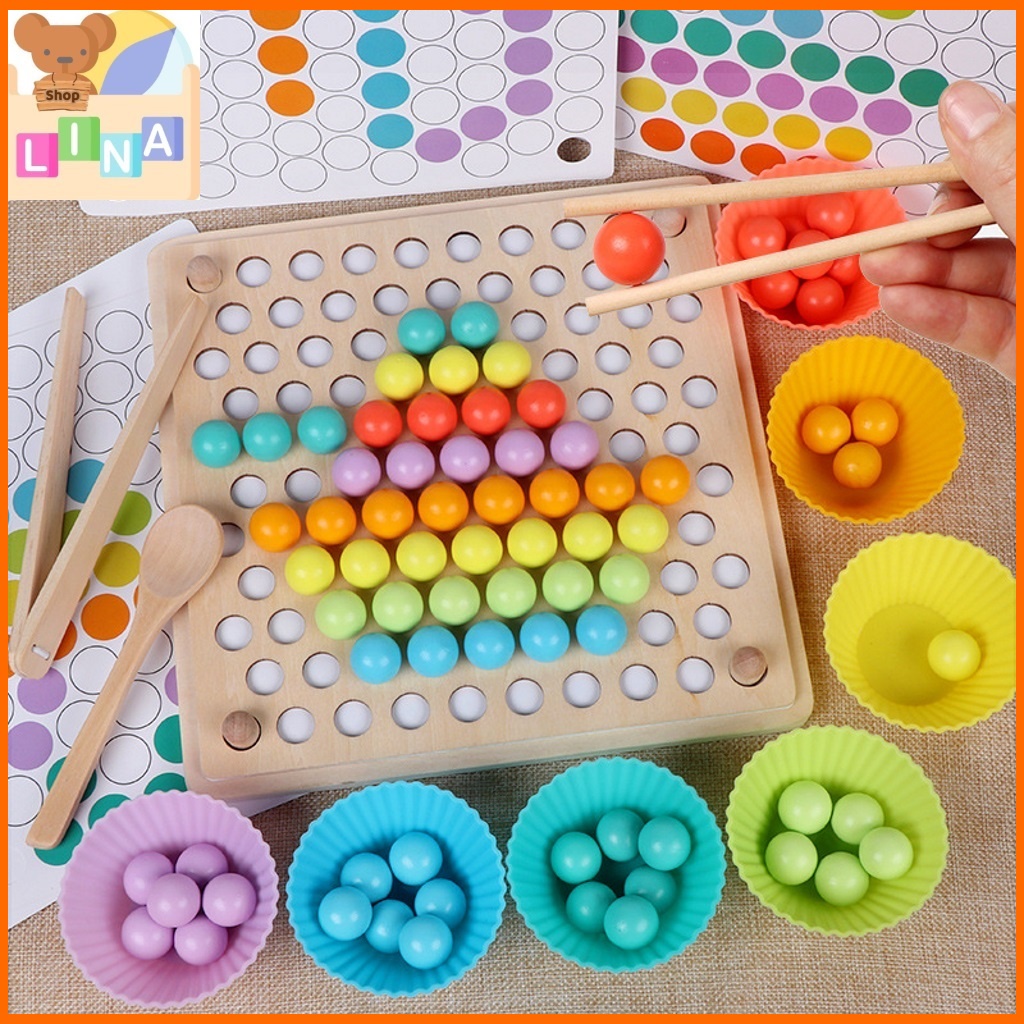 Đồ Chơi Gắp Bi Gỗ Montessori, Bộ Gắp Hạt Kèm Bát Kích Thích Sáng Tạo Cho Bé