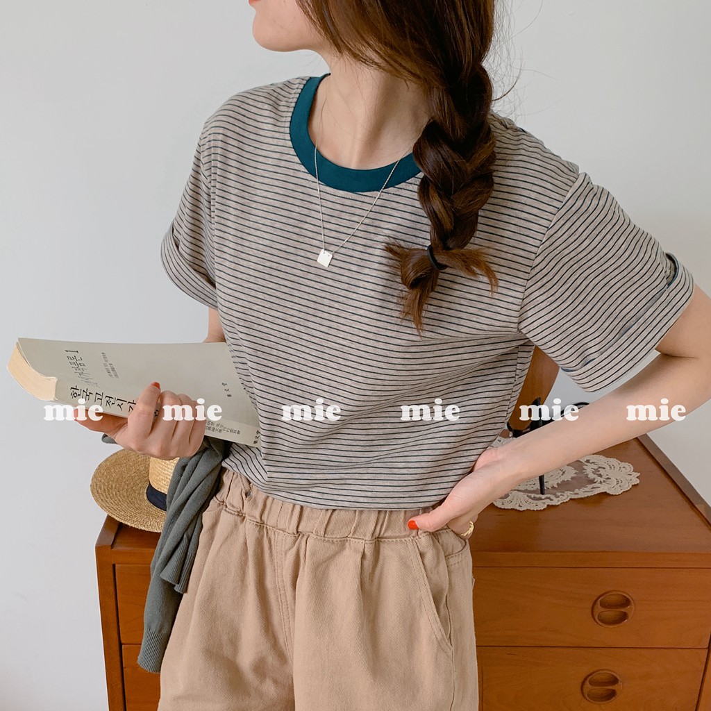 (ORDER) Áo thun nữ kẻ sọc ngang basic vintage Hàn Quốc đơn giản cổ phối viền màu