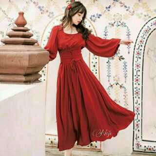 (TOP BÁN CHẠY)Váy maxi cổ vuông du mục đan eo  /VÁY boho ullzang đỏ xòe bồng hàng quảng châu