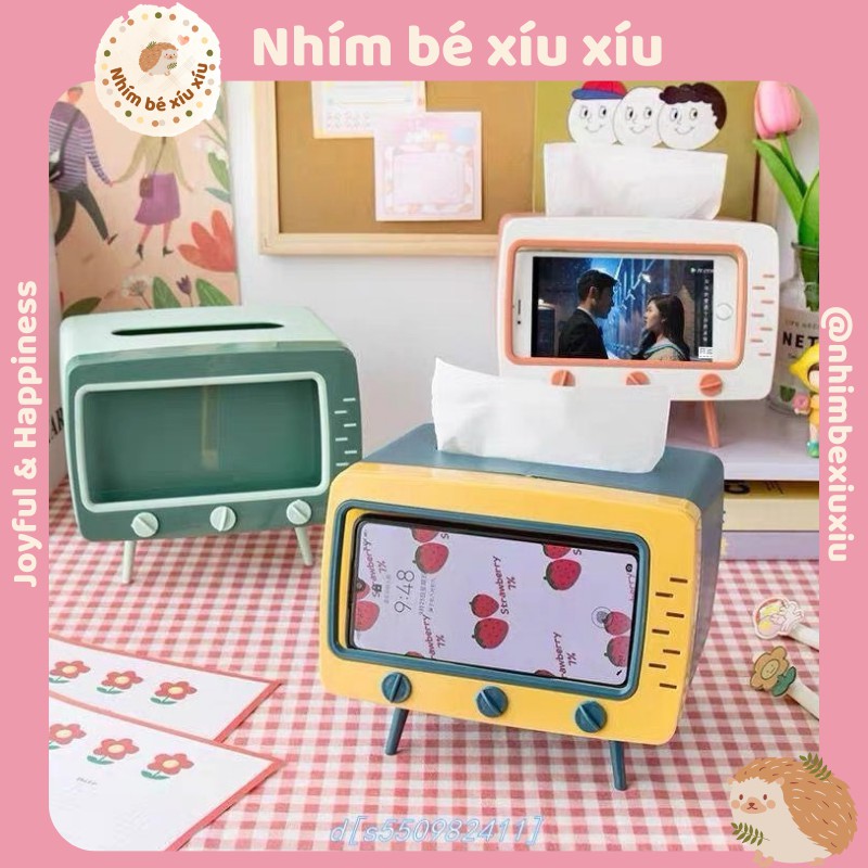 Hộp đựng giấy ăn cao cấp kèm giá đỡ điện thoại kiểu tivi vintage 2in1 Art Decor VT320