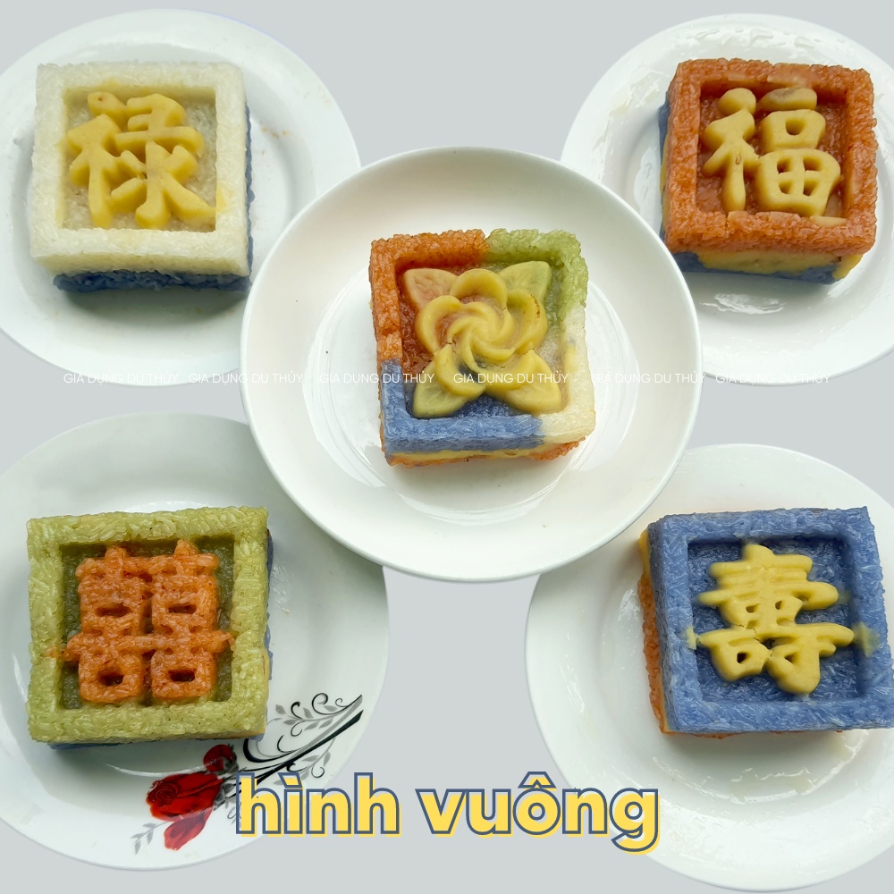 Khuôn nhận xôi hình tròn, hình trái tim, hình vuông, hình hoa mai có chữ Phước, Lộc, Thọ, Hỷ, hoa hồng, hoa sen