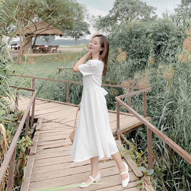 Váy Đầm Maxi trắng cổ tròn thắt eo Neppy Fashion