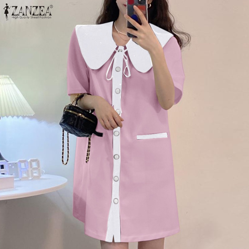 Đầm tay ngắn Zanzea phối màu tương phản phong cách Hàn Quốc thời trang cho nữ