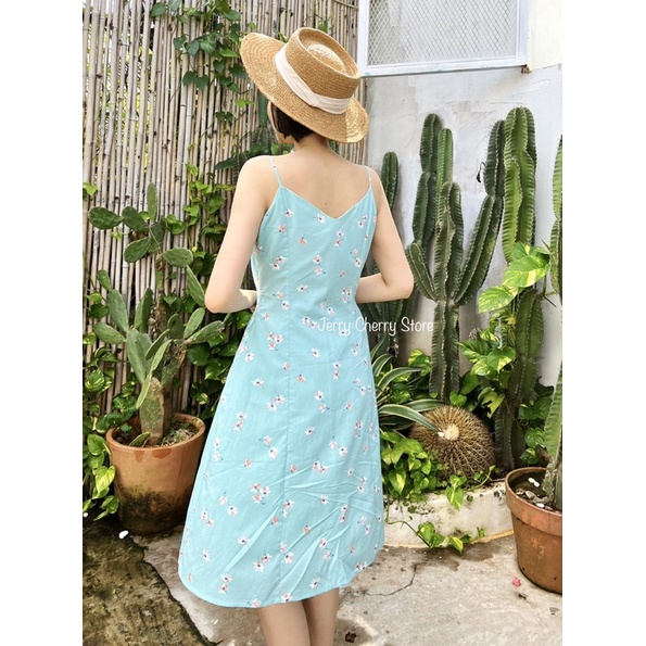 Đầm hai dây hoa nhí phom 7 mảnh tôn dáng chất cotton lụa