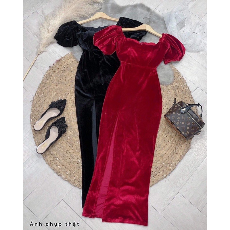 Đầm maxi nhung xẻ đùi tay phồng kèm hình thật | BigBuy360 - bigbuy360.vn