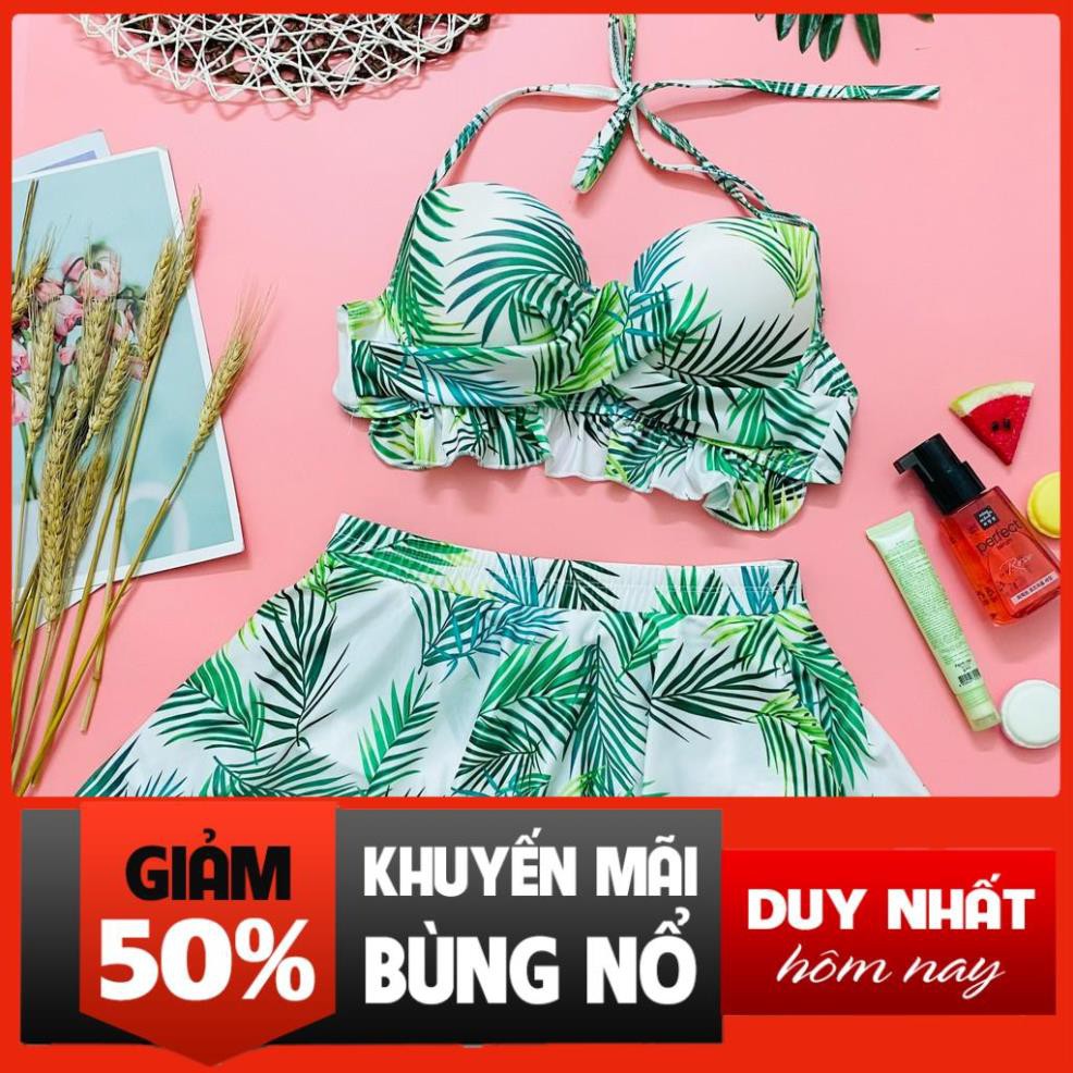 SALE Bikini 2 mảnh họa tiết lá dừa váy xòe, bộ bơi đi biển cho nữ phối bèo Bikini191