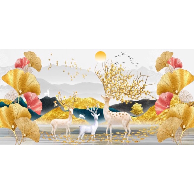 tranh đính đá phong cảnh hươu nai tài lộc LV596 (120X55) LV597 (150X70) - tranh chưa đính