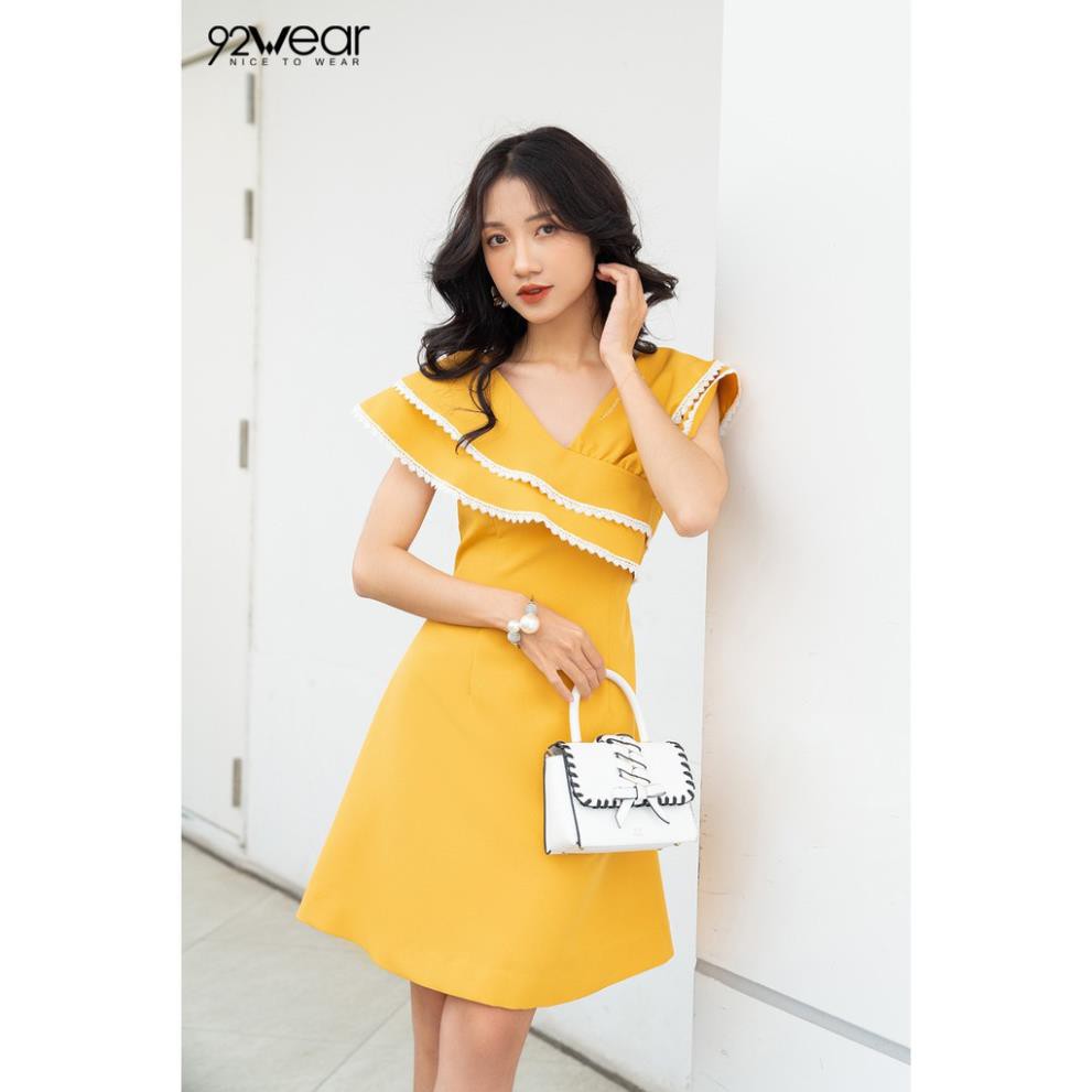 Đầm váy nữ công sở 92WEAR đủ màu, đủ size, dáng xòe ngắn tay cổ 2 lớp viền ren DEW0559 ་ '