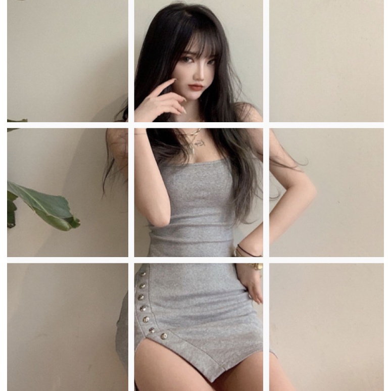 Đầm body 2 dây cổ vuông sexy, viền đính khuy cực sang chảnh | BigBuy360 - bigbuy360.vn