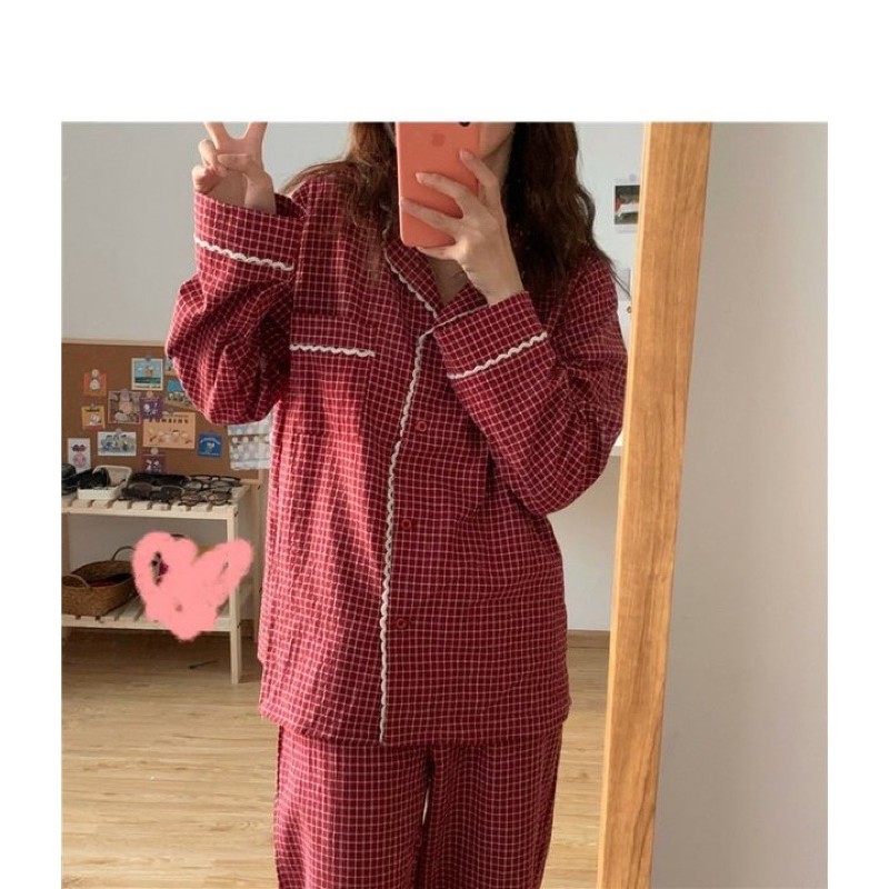 (Ảnh thật cuối) Set pijama đỏ kẻ caro phối ren trắng Hàn Quốc [Yannie]