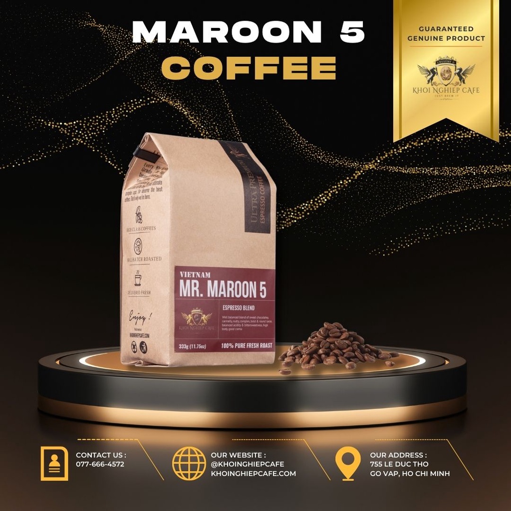 Cà phê Mr. Maroon 5 nguyên chất 100%, chuyên pha máy, làm từ cafe Brazil, Ethiopia, Guatemala, VN