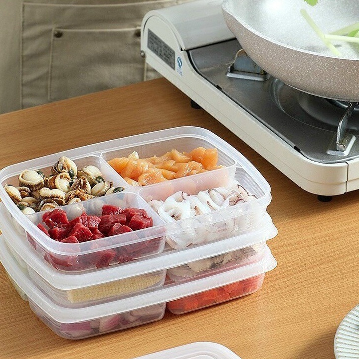Hộp nhựa chia ngăn đựng thực phẩm, thức ăn dặm cho bé chữ nhật 4 ngăn bằng nhựa, nắp đậy kín