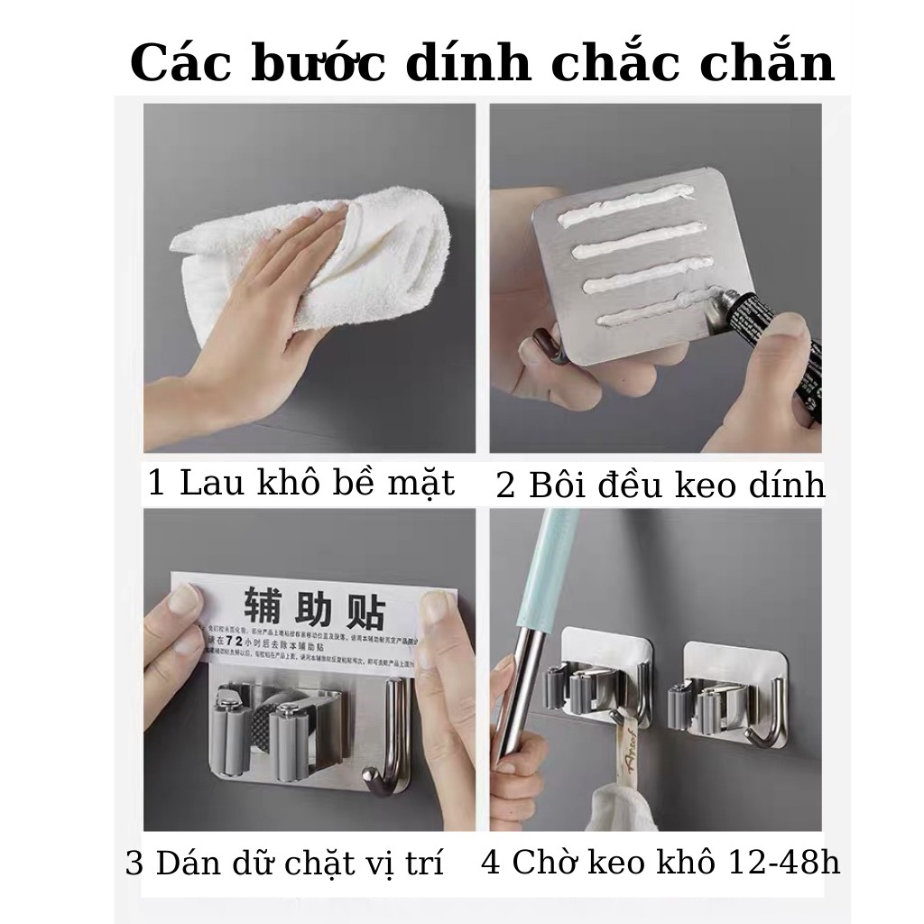 Móc treo nhà tắm chất liệu INOX 304 Móc dán tường giữ cây lau nhà  tặng kèm keo dán