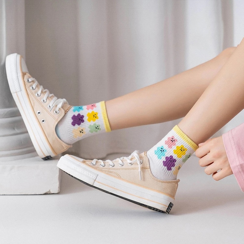 [ Ready Stock ] Japanese Style Cartoon Bear Soft Middle Tube Socks/ Cute Bear Cotton Sports Socks/ Candy Color Casual Breathable Stocking