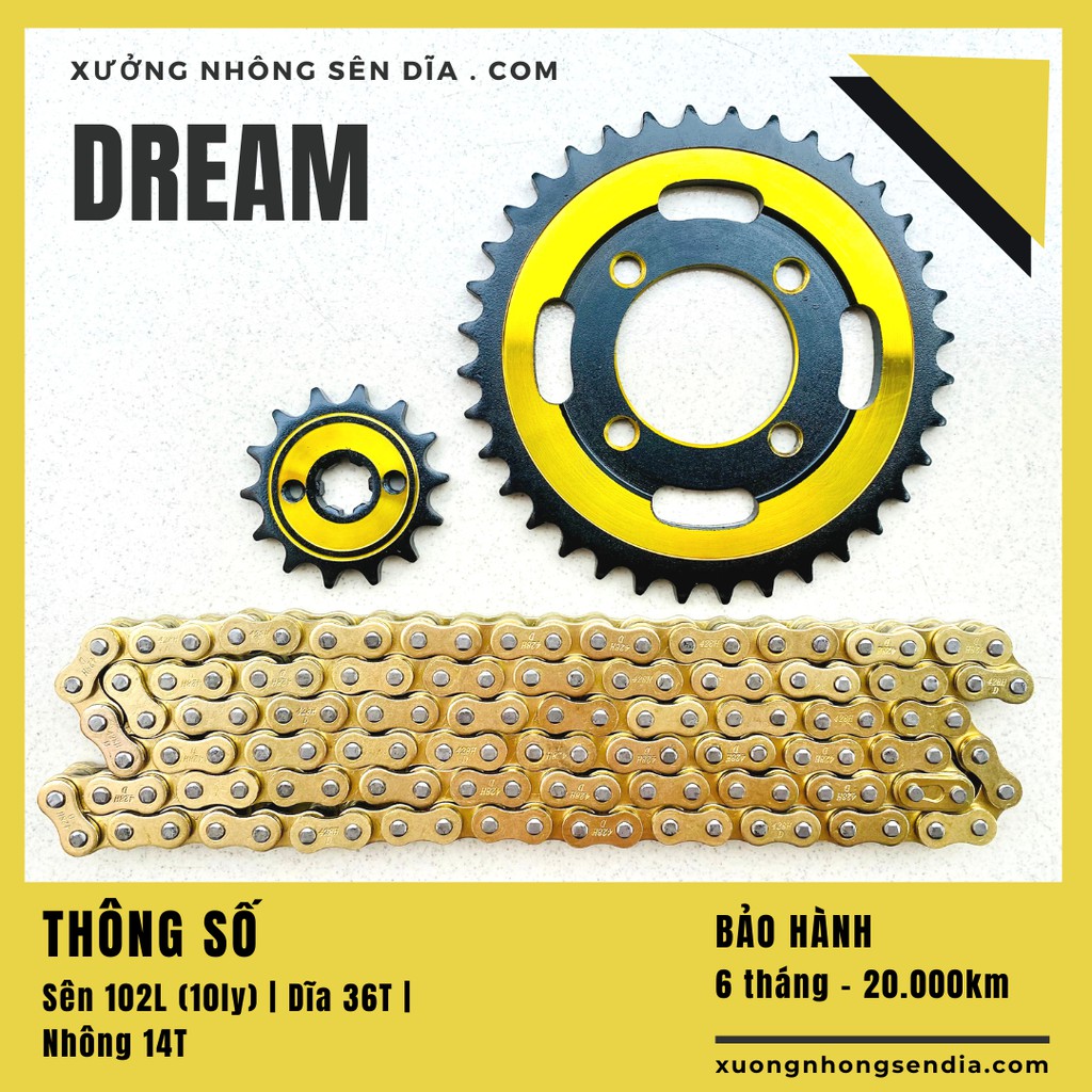 BỘ NHÔNG SÊN DĨA DREAM , WAVE ALPHA,WAVE TQ, RS TQ, FUTURE I (nhông dĩa vàng đen, sên vàng)