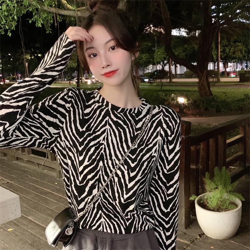 Áo thun ZHELIHANGFEI thiết kế dài tay cổ tròn in họa tiết ngựa vằn cá tính