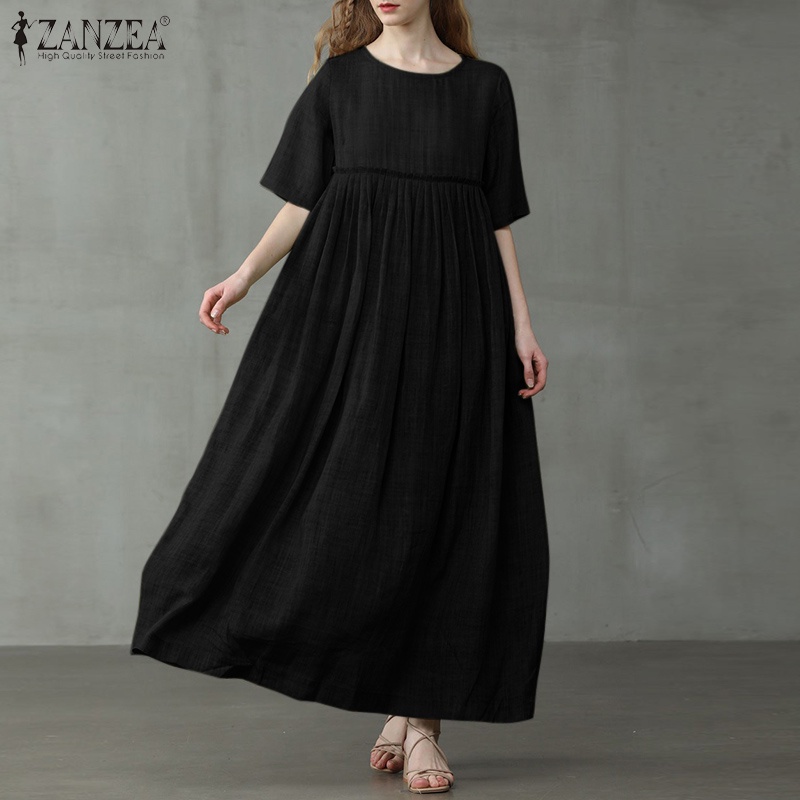 Đầm Zanzea cotton trơn tay lỡ xếp ly phong cách Mỹ cho nữ