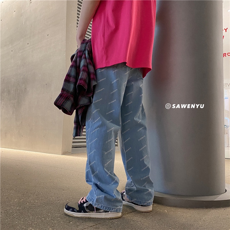 Quần jean ống rộng size lớn phong cách âu mỹ cho nam nữ Hip-Hop Printed Loose Jeans