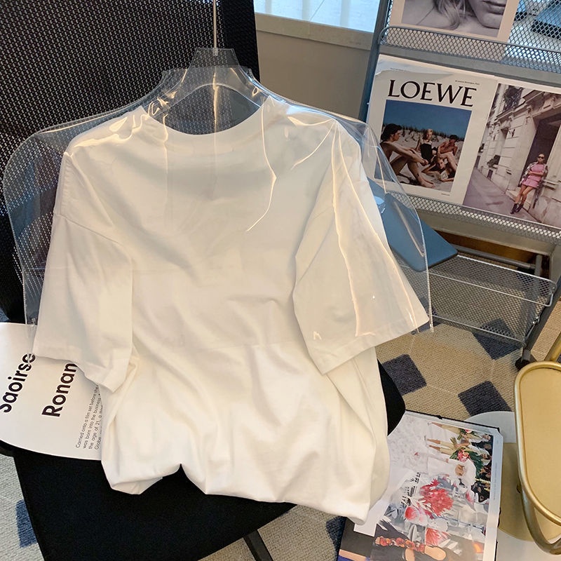 Áo Thun Cotton Tay Ngắn Màu Trắng Trơn In Họa Tiết Đơn Giản Phong Cách Retro Dành Cho Nữ