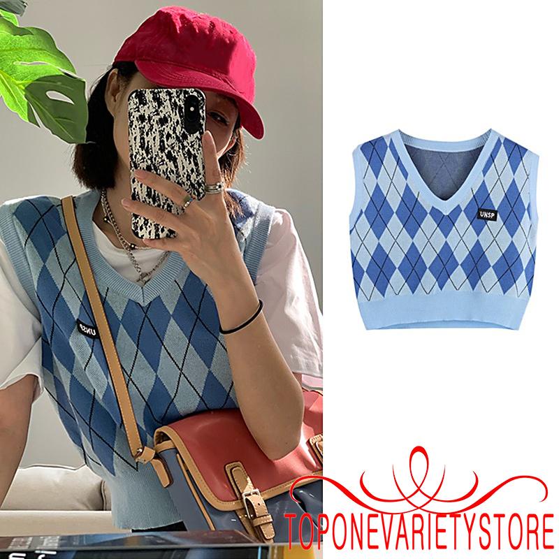 Áo sát nách dệt kim cổ chữ V in họa tiết hình thoi cổ điển thoáng khí giữ ấm cho nữ