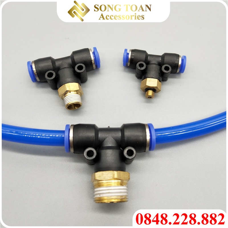 Chữ T Ren Giữa Nối Nhanh 1 Chạm & PB - Cắm Đường Kính Ngoài Ống Phun Sương & Dây Hơi PU Khí Nén 6 8 10 12 mm