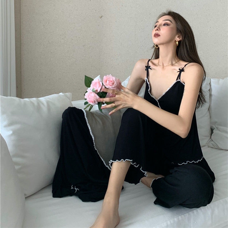 Bộ đồ ngủ vải lụa tay dài có mút ngực thời trang xuân thu cho nữ