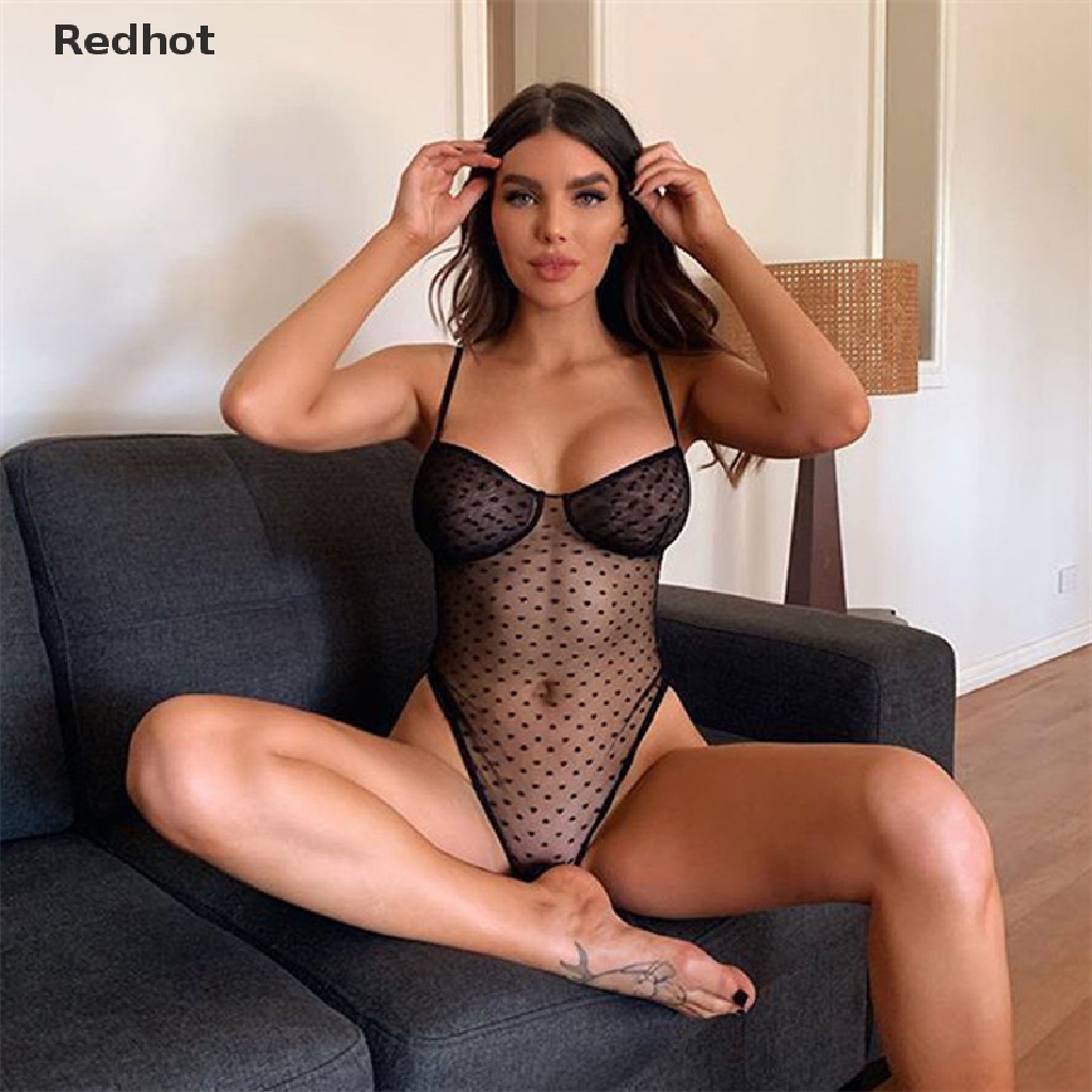 &lt; Redhot &gt; Bộ Đồ Ngủ Lưới Trong Suốt Họa Tiết Chấm Bi Gợi Cảm Nóng Bỏng