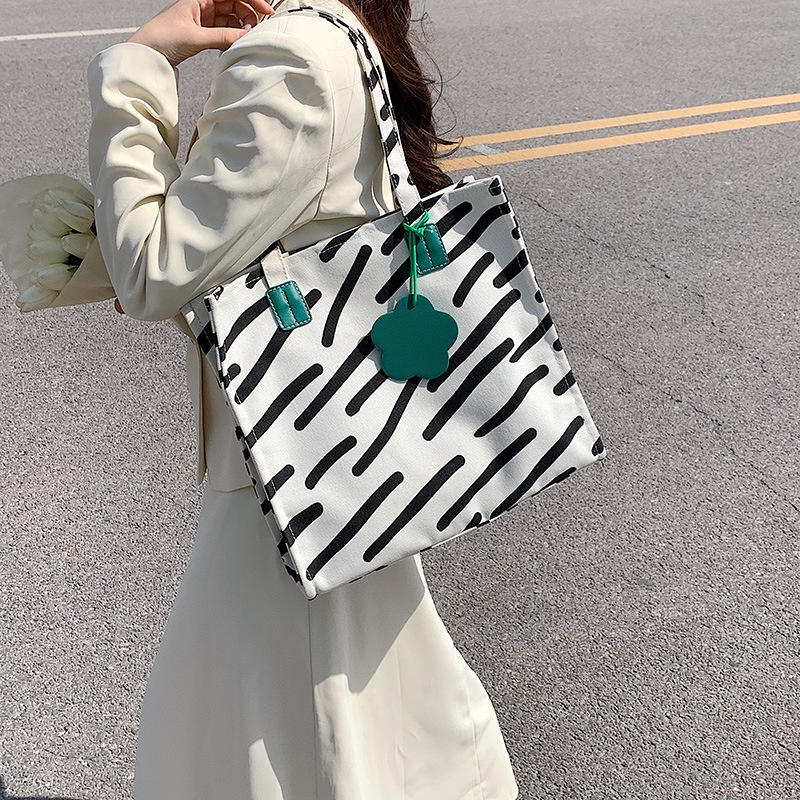 Túi Tote Vải Canvas Kẻ Sọc Trắng Đen Thời Trang Mùa Hè 2022 Cho Nữ