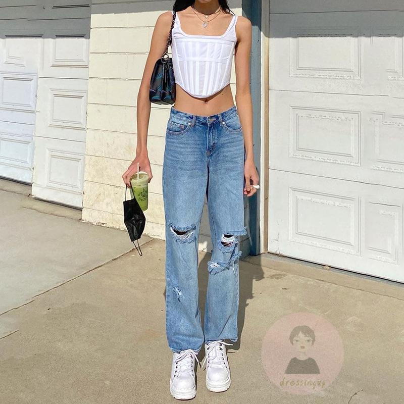 Quần Jean Dài Lưng Cao Ống Rộng Phối Rách Cá Tính Dễ Phối Đồ Cho Nữ